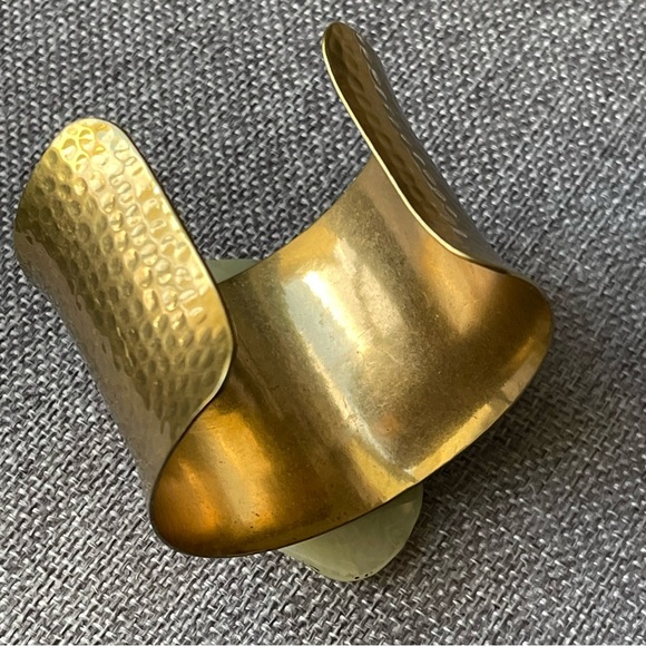 Hammered Brass Cuff Bracelet Adorned with Acrylic Pale Green Stone - Picture 12 of 16